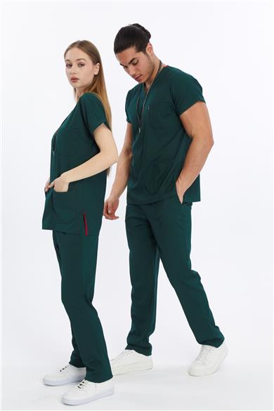 Happiness Basic - Likralı Doktor Hemşire Forma Takımı (UNISEX), Koyu Yeşil