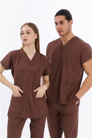 Happiness Basic - Likralı Doktor Hemşire Tek Üst Forma (UNISEX), Çikolata Kahve