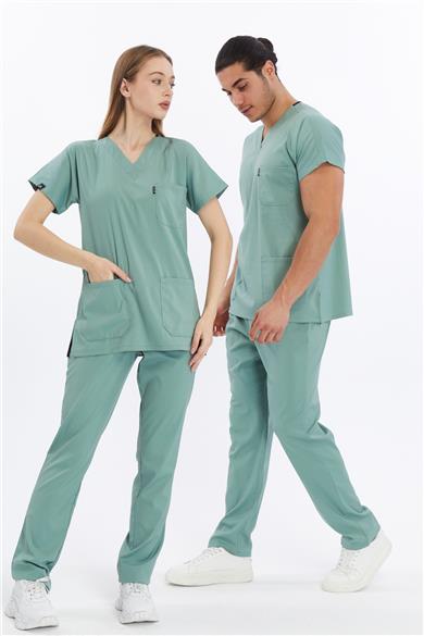 Happiness Basic - Likralı Doktor Hemşire Forma Takımı Scrubs Üniforma Cerrahi Takım (UNISEX), Çağla Yeşili
