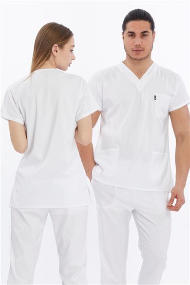 Happiness Basic - Likralı Doktor Hemşire Tek Üst Forma (UNISEX), Beyaz