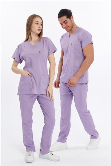 Happiness Basic - Likralı Doktor Hemşire Forma Takımı Scrubs Üniforma Cerrahi Takım (UNISEX), Lila