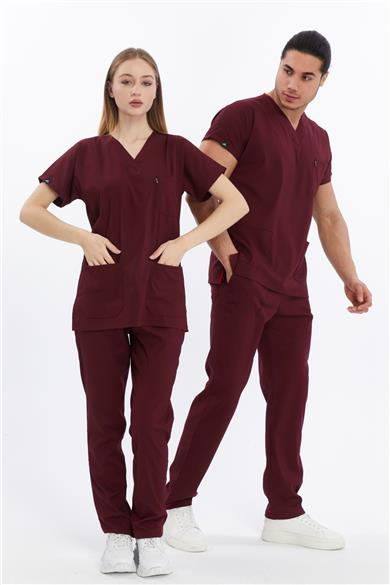 Happiness Basic - Likralı Doktor Hemşire Forma Takımı (UNISEX), Bordo