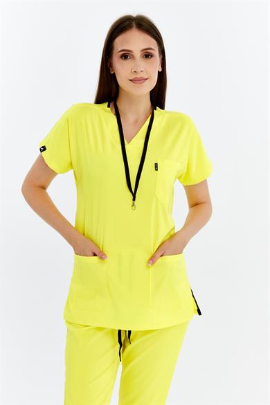 Happiness Basic - Likralı Doktor Hemşire Forma Takımı Scrubs Üniforma Cerrahi Takım (UNISEX), Limon Sarısı