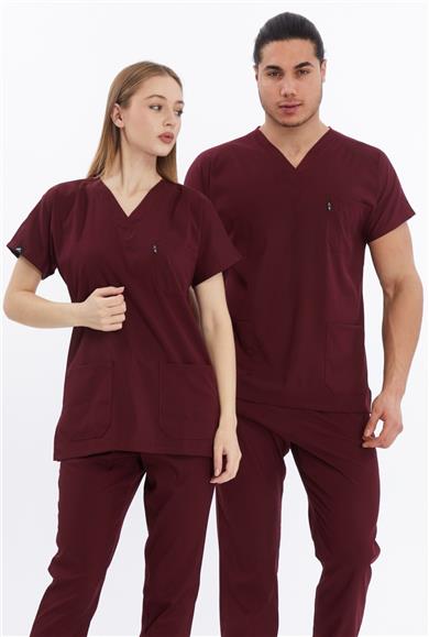 Happiness Basic - Likralı Doktor Hemşire Tek Üst Forma (UNISEX), Bordo