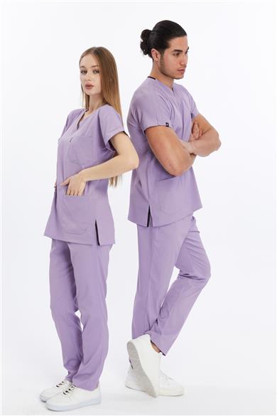 Happiness Basic - Likralı Doktor Hemşire Forma Takımı Scrubs Üniforma Cerrahi Takım (UNISEX), Lila