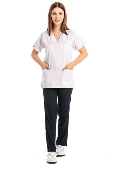 Happiness Basic - Likralı Doktor Hemşire Forma Takımı Scrubs Üniforma Cerrahi Takım (UNISEX), Beyaz/Lacivert