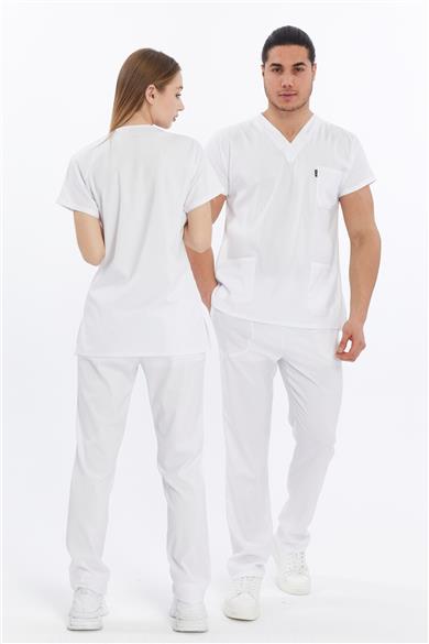 Happiness Basic - Likralı Doktor Hemşire Forma Takımı Scrubs Üniforma Cerrahi Takım (UNISEX), Beyaz