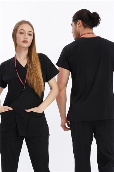 Happiness Basic - Likralı Doktor Hemşire Tek Üst Forma (UNISEX), Siyah