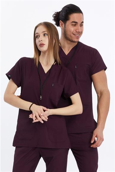 Happiness Basic - Likralı Doktor Hemşire Tek Üst Forma (UNISEX), Mürdüm