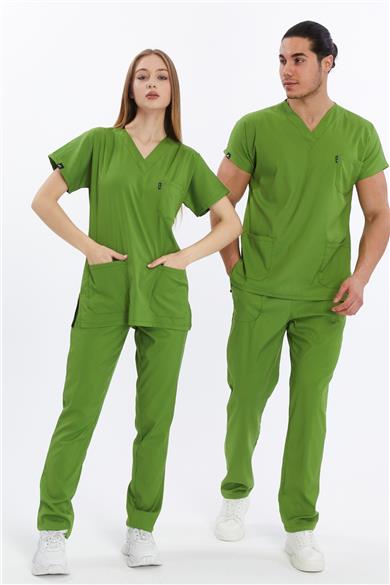 Happiness Basic - Likralı Doktor Hemşire Forma Takımı Scrubs Üniforma Cerrahi Takım (UNISEX), Fıstık Yeşili