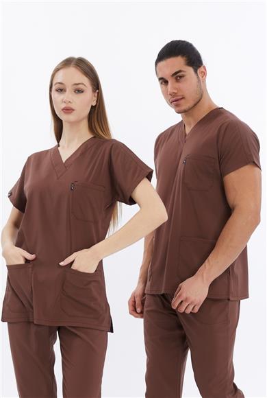 Happiness Basic - Likralı Doktor Hemşire Tek Üst Forma (UNISEX), Çikolata Kahve