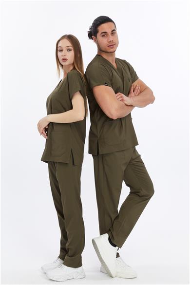 Happiness Basic - Likralı Doktor Hemşire Forma Takımı Scrubs Üniforma Cerrahi Takım (UNISEX), Haki
