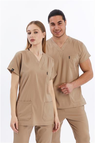 Happiness Basic - Likralı Doktor Hemşire Tek Üst Forma (UNISEX), Bej