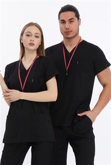 Happiness Basic - Likralı Doktor Hemşire Tek Üst Forma (UNISEX), Siyah