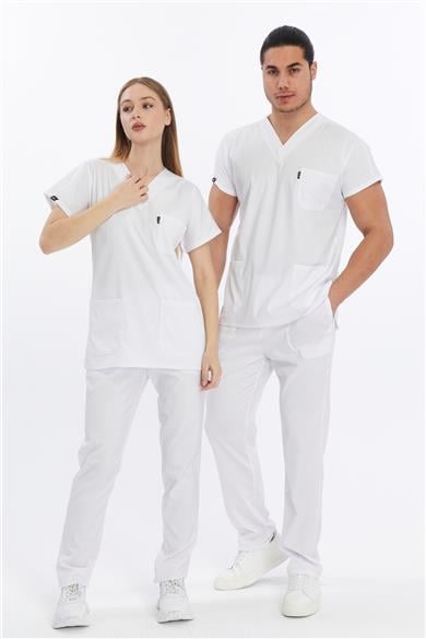 Happiness Basic - Likralı Doktor Hemşire Forma Takımı Scrubs Üniforma Cerrahi Takım (UNISEX), Beyaz