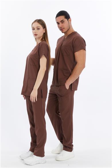 Happiness Basic - Likralı Doktor Hemşire Forma Takımı Scrubs Üniforma Cerrahi Takım (UNISEX), Çikolata Kahve
