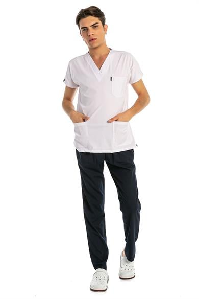 Happiness Basic - Likralı Doktor Hemşire Forma Takımı Scrubs Üniforma Cerrahi Takım (UNISEX), Beyaz/Lacivert