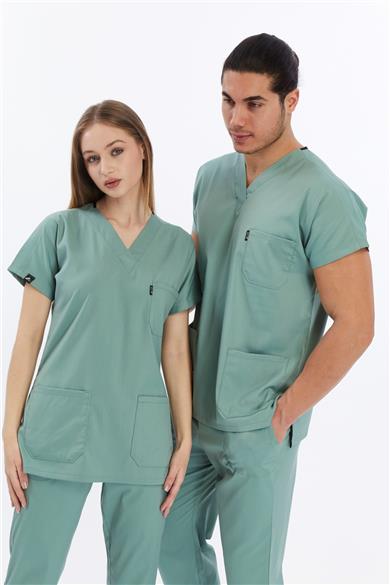 Happiness Basic - Likralı Doktor Hemşire Forma Takımı Scrubs Üniforma Cerrahi Takım (UNISEX), Çağla Yeşili