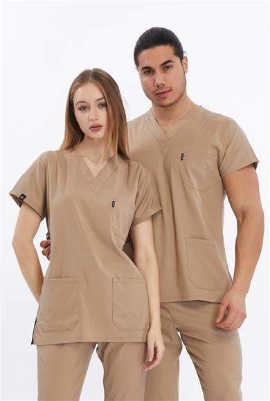 Happiness Basic - Likralı Doktor Hemşire Tek Üst Forma (UNISEX), Bej