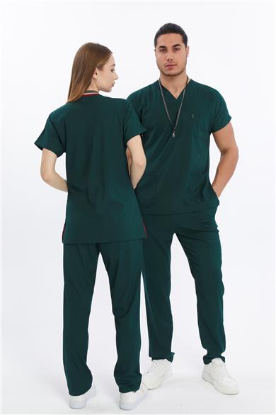 Happiness Basic - Likralı Doktor Hemşire Forma Takımı Scrubs Üniforma Cerrahi Takım (UNISEX), Koyu Yeşil