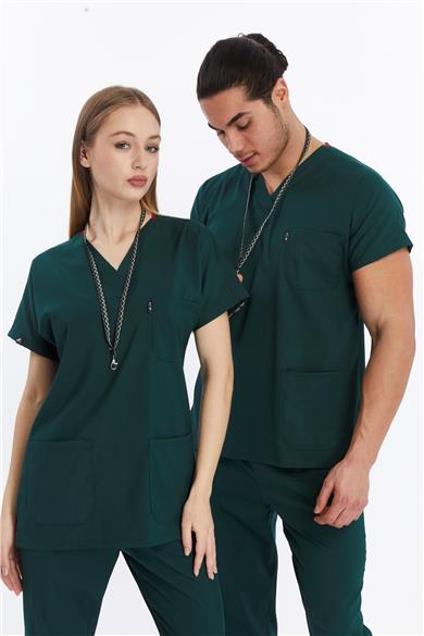 Happiness Basic - Likralı Doktor Hemşire Forma Takımı Scrubs Üniforma Cerrahi Takım (UNISEX), Koyu Yeşil