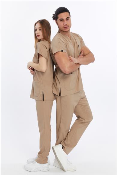 Happiness Basic - Likralı Doktor Hemşire Forma Takımı Scrubs Üniforma Cerrahi Takım (UNISEX), Bej