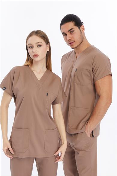 Happiness Basic - Likralı Doktor Hemşire Forma Takımı Scrubs Üniforma Cerrahi Takım (UNISEX), Taş Beji
