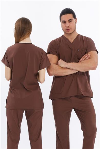 Happiness Basic - Likralı Doktor Hemşire Tek Üst Forma (UNISEX), Çikolata Kahve