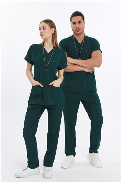 Happiness Basic - Likralı Doktor Hemşire Forma Takımı (UNISEX), Koyu Yeşil