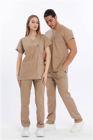 Happiness Basic - Likralı Doktor Hemşire Forma Takımı (UNISEX), Bej