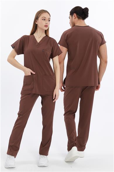 Happiness Basic - Likralı Doktor Hemşire Forma Takımı Scrubs Üniforma Cerrahi Takım (UNISEX), Çikolata Kahve
