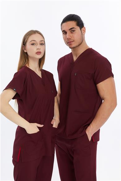Happiness Basic - Likralı Doktor Hemşire Forma Takımı (UNISEX), Bordo