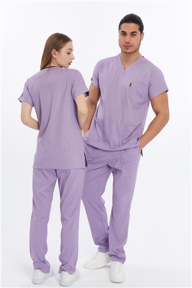 Happiness Basic - Likralı Doktor Hemşire Forma Takımı Scrubs Üniforma Cerrahi Takım (UNISEX), Lila