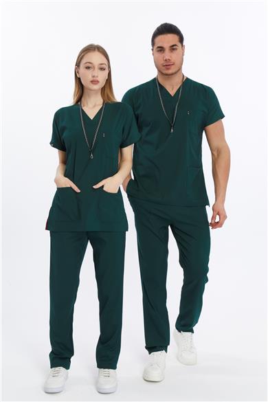 Happiness Basic - Likralı Doktor Hemşire Forma Takımı (UNISEX), Koyu Yeşil