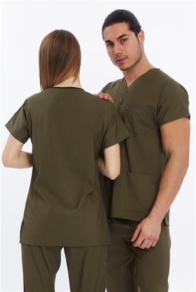 Happiness Basic - Likralı Doktor Hemşire Tek Üst Forma (UNISEX), Haki