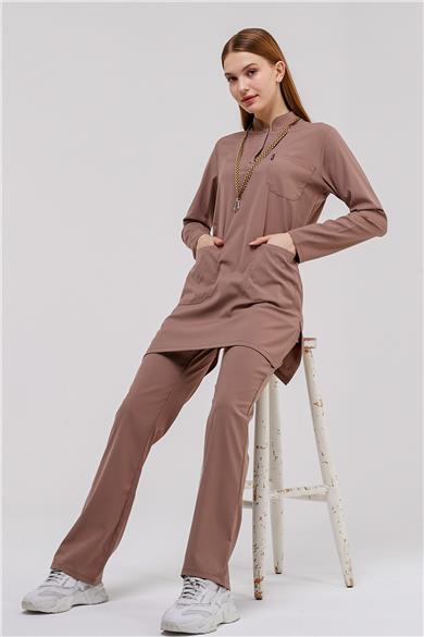 Happiness Modest - Likralı Doktor Hemşire Tesettür Forma Takımı Scrubs Üniforma Cerrahi Takım, Taş Beji