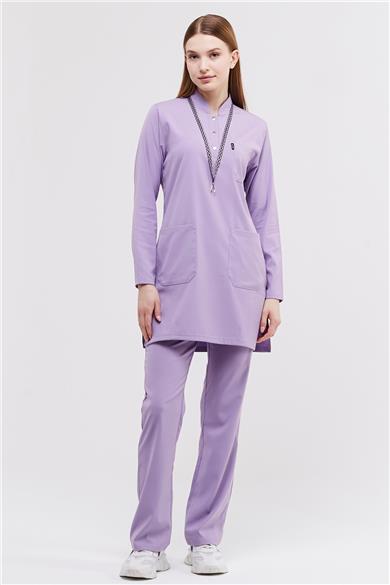 Happiness Modest - Likralı Doktor Hemşire Tesettür Forma Takımı Scrubs Üniforma Cerrahi Takım, Lila