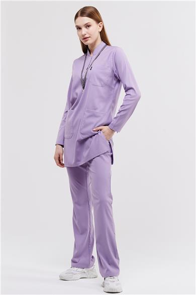 Happiness Modest - Likralı Doktor Hemşire Tesettür Forma Takımı Scrubs Üniforma Cerrahi Takım, Lila