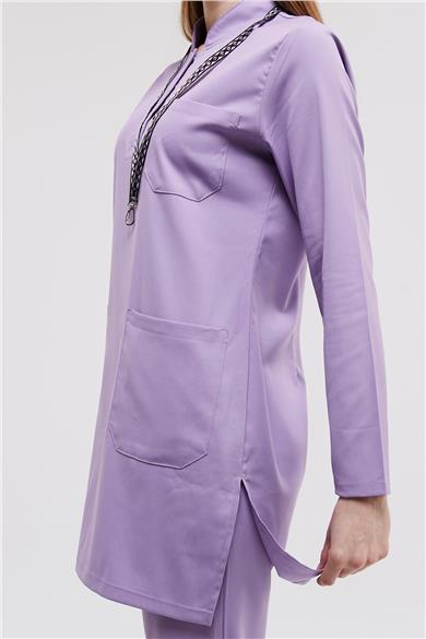 Happiness Modest - Likralı Doktor Hemşire Tesettür Forma Takımı Scrubs Üniforma Cerrahi Takım, Lila