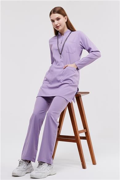 Happiness Modest - Likralı Doktor Hemşire Tesettür Forma Takımı Scrubs Üniforma Cerrahi Takım, Lila