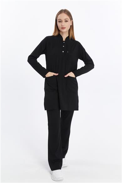 Happiness Modest - Likralı Doktor Hemşire Tesettür Forma Takımı Scrubs Üniforma Cerrahi Takım, Siyah