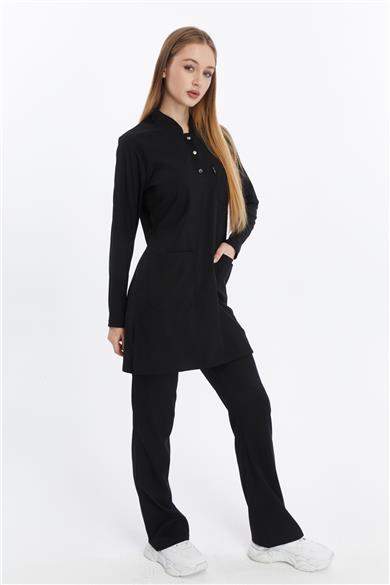 Happiness Modest - Likralı Doktor Hemşire Tesettür Forma Takımı Scrubs Üniforma Cerrahi Takım, Siyah