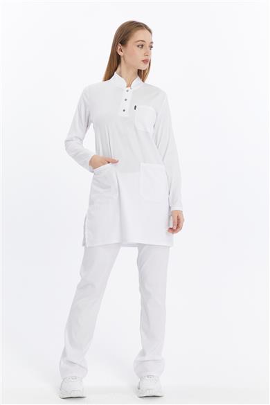 Happiness Modest - Likralı Doktor Hemşire Tesettür Forma Takımı Scrubs Üniforma Cerrahi Takım, Beyaz