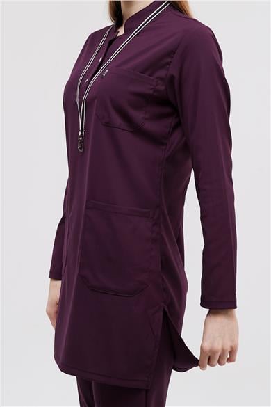 Happiness Modest - Likralı Doktor Hemşire Tesettür Forma Takımı Scrubs Üniforma Cerrahi Takım, Mürdüm