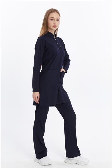 Happiness Modest - Likralı Doktor Hemşire Tesettür Forma Takımı Scrubs Üniforma Cerrahi Takım, Lacivert