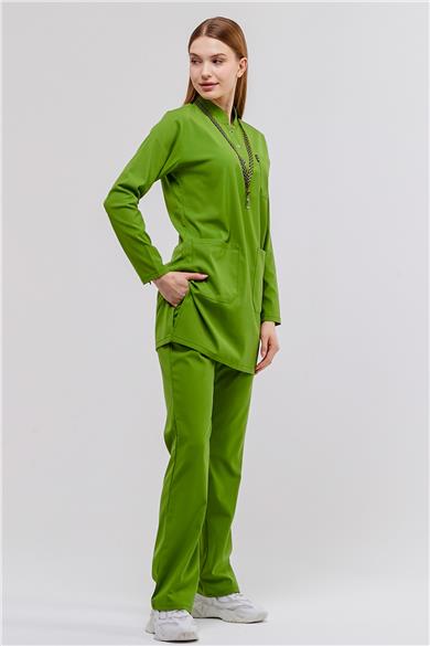 Happiness Modest - Likralı Doktor Hemşire Tesettür Forma Takımı Scrubs Üniforma Cerrahi Takım, Fıstık Yeşili