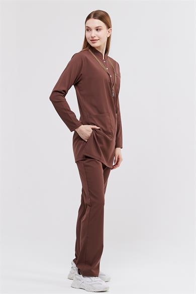 Happiness Modest - Likralı Doktor Hemşire Tesettür Forma Takımı, Çikolata Kahve