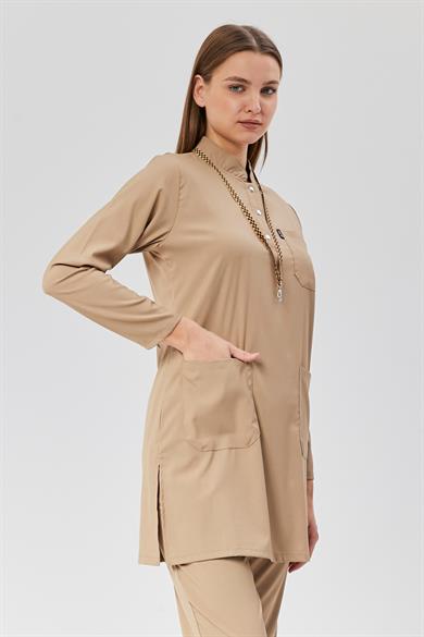 Happiness Modest - Likralı Doktor Hemşire Tesettür Forma Takımı Scrubs Üniforma Cerrahi Takım, Bej