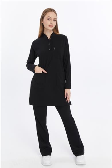 Happiness Modest - Likralı Doktor Hemşire Tesettür Forma Takımı Scrubs Üniforma Cerrahi Takım, Siyah