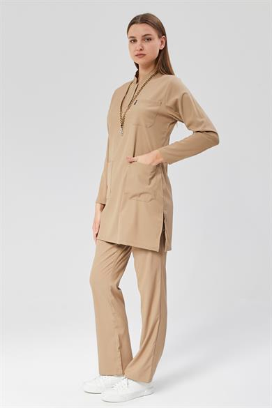 Happiness Modest - Likralı Doktor Hemşire Tesettür Forma Takımı Scrubs Üniforma Cerrahi Takım, Bej